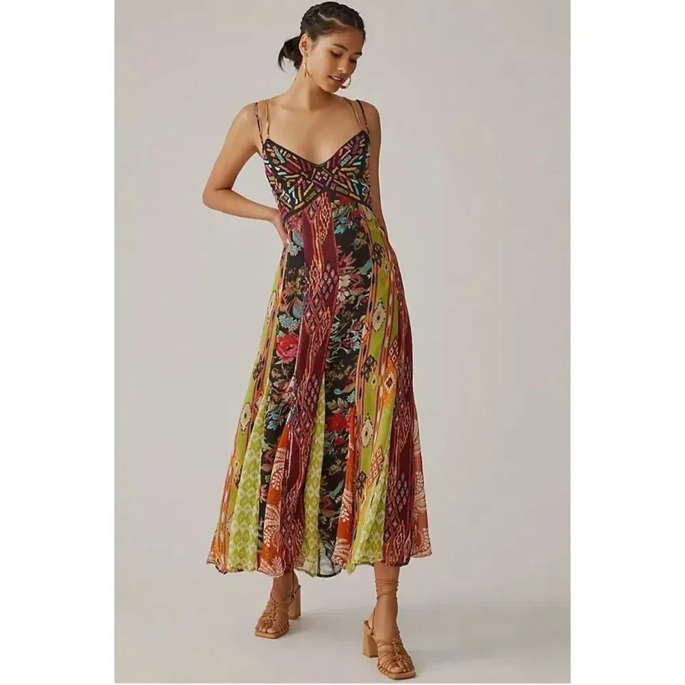 NWT Anthropologie Multi Print V-Neck Maxi Dress Size 2